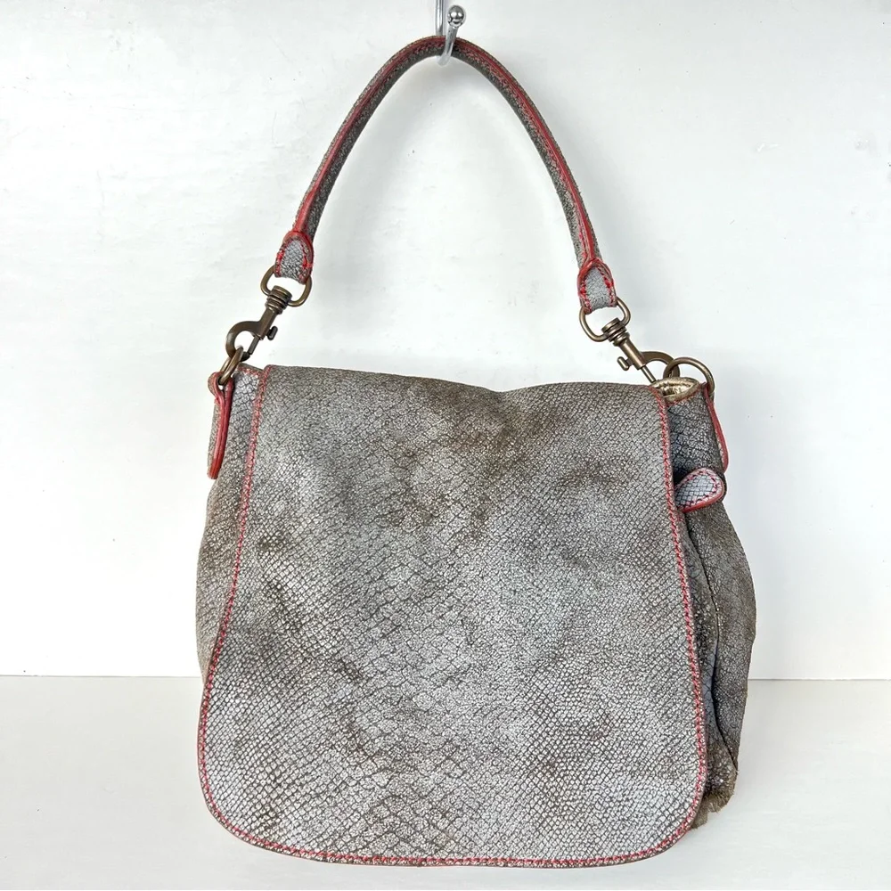LIEBESKIND Berlin Gray Snake Print Leather Red Stitching Flap Shoulder Bag Tote